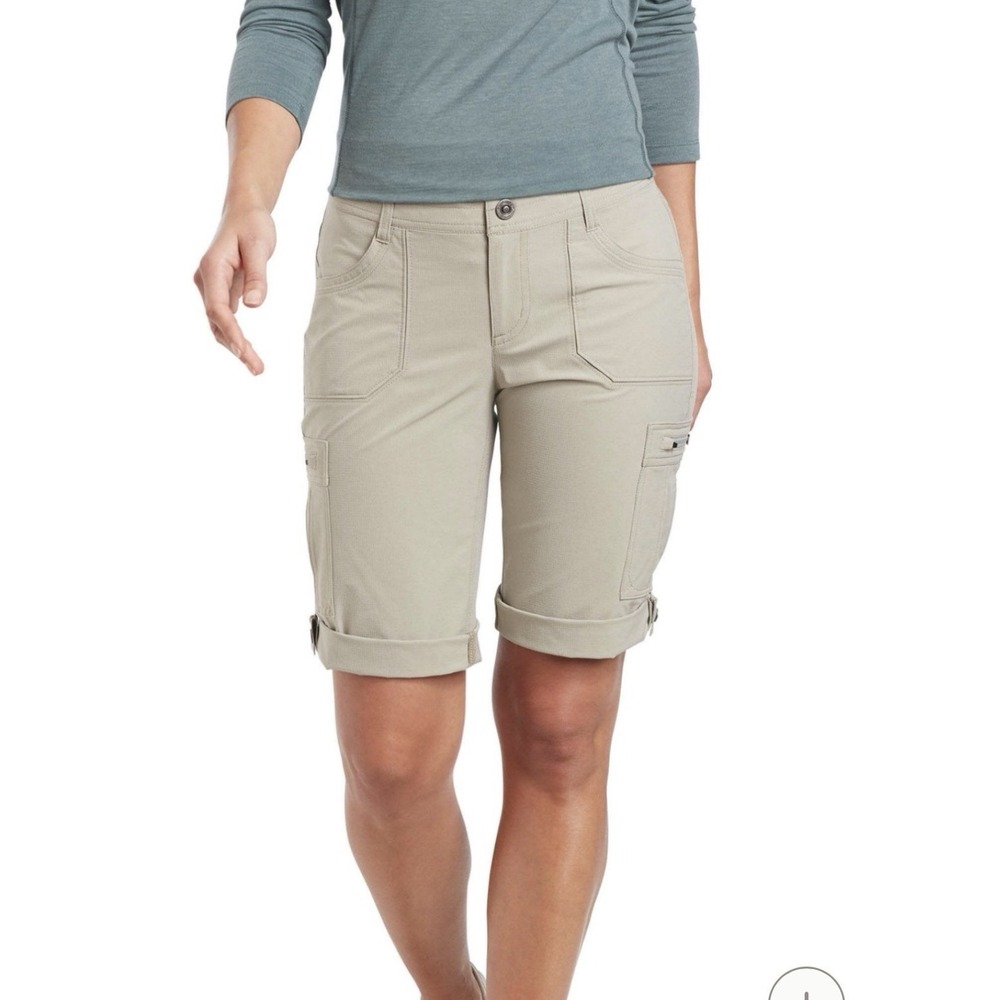 Kuhl Horizn Cargo Shorts Womens 14 Khaki Hiking Outdoor Roll Tab Zip Pockets EUC